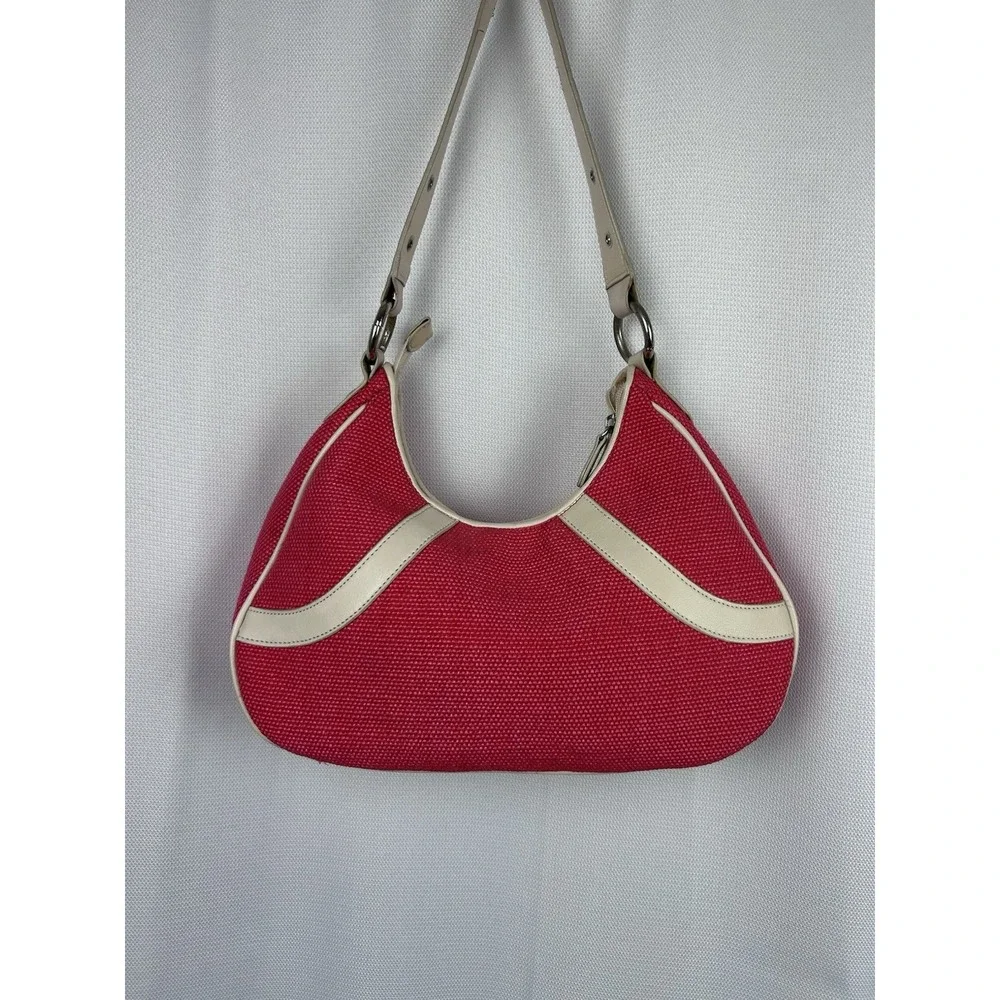 Vintage Stone Mountain Hobo Bag Y2K Hot Pink Canvas Cream Leather Grommet 2000s